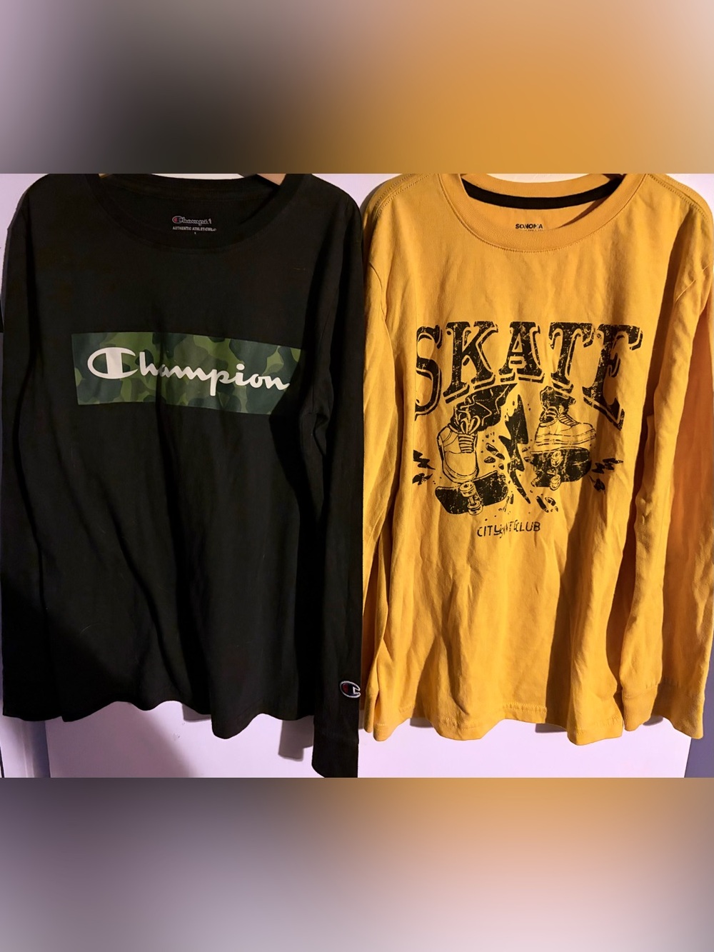 Champion Black Long Sleeve with Camo Logo & Mustard Skate Graphic Tee